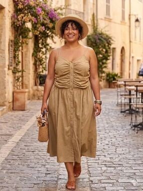 Future Collective Plus size XXL Tan Button-Front Spaghetti Strap Dress